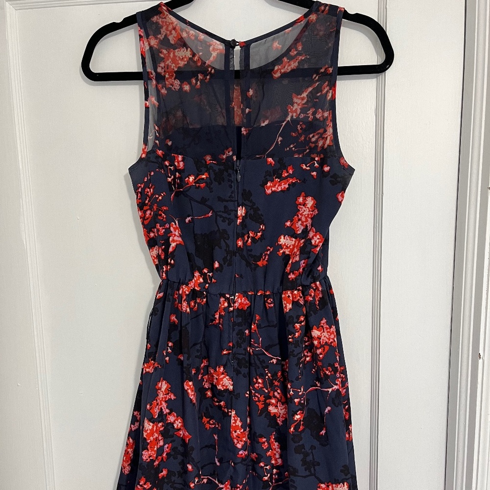 Guess Navy  & Pink Floral Dress with Mesh Neckline and Belt Straps